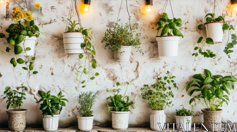 Rustic Charm: Hanging Planters on Whitewashed Brick Wall AI Image