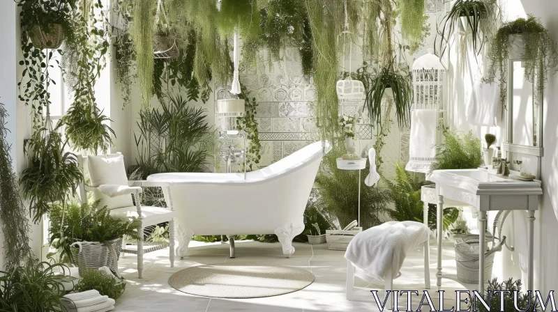 Serene Bathroom with White Bathtub, Vanity, and Plants AI Image