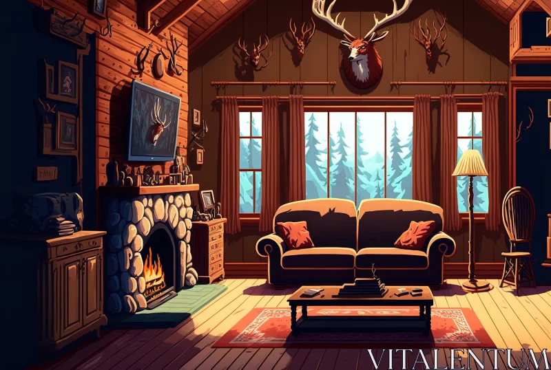 Cozy Living Room with Fireplace and Deer Head | Cabincore Cartoon Realism AI Image