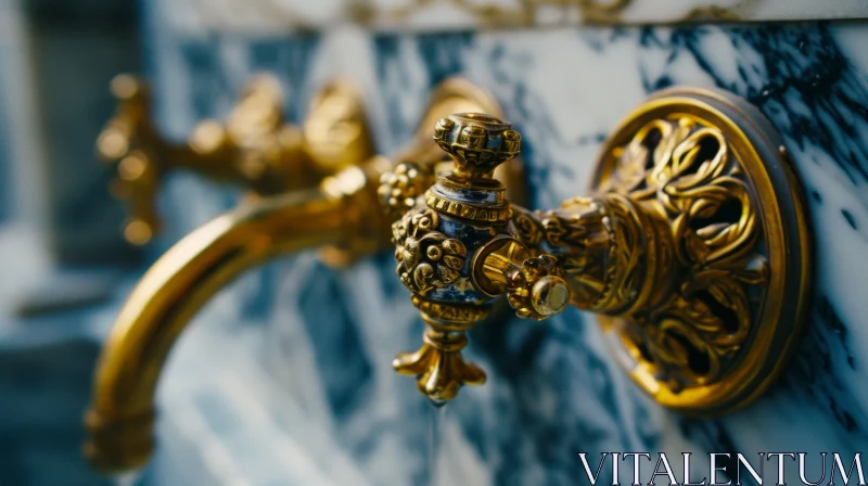 Golden Faucet with Intricate Design on Marble Wall AI Image