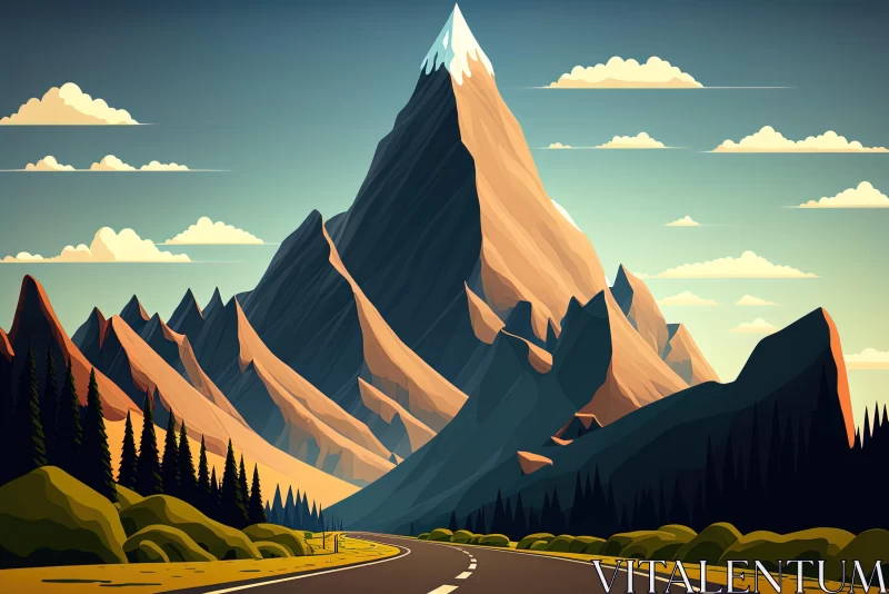 Mountain Landscape with Road and Trees - Highly Detailed Illustration AI Image