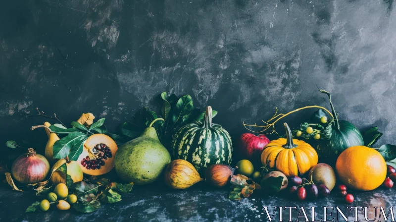 Autumn Fruits and Vegetables on Dark Surface - Perfect for Autumn-Themed Article AI Image
