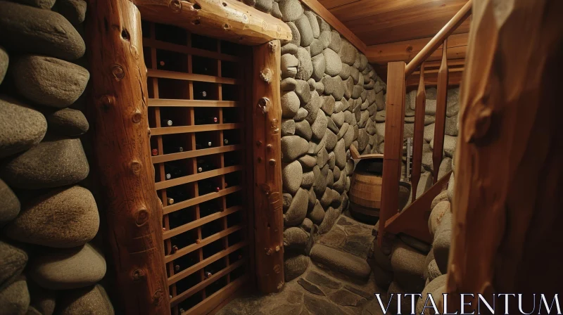 Enchanting Wine Cellar with Stone Wall and Wooden Door AI Image