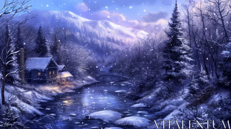 Serene Winter Landscape with Snowy Forest and Cottage AI Image