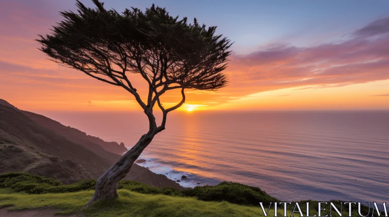 Solitary Tree Above the Ocean - Captivating Nature Photography AI Image