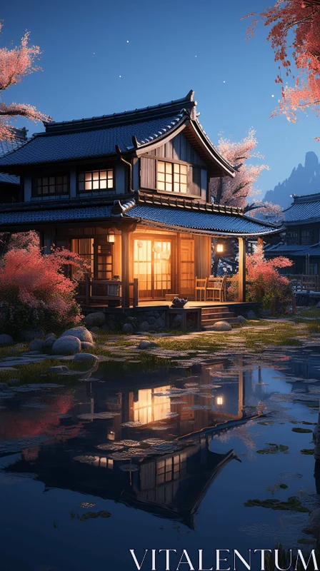 Captivating Japanese House surrounded by Cherry Blossoms AI Image