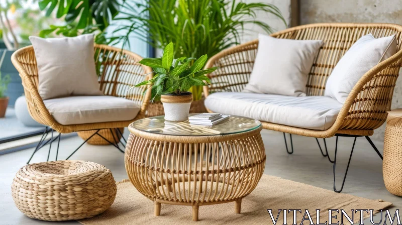 Cozy Living Room with Plants and Wicker Chairs AI Image