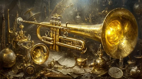 Golden Steampunk Trumpet Still Life with Gears and Cogs