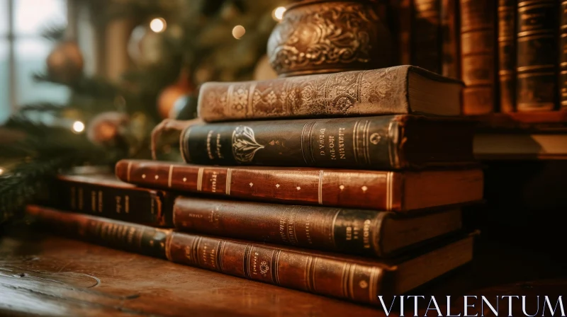 AI ART Intriguing Photo: Stacked Books on Wooden Table with Christmas Tree