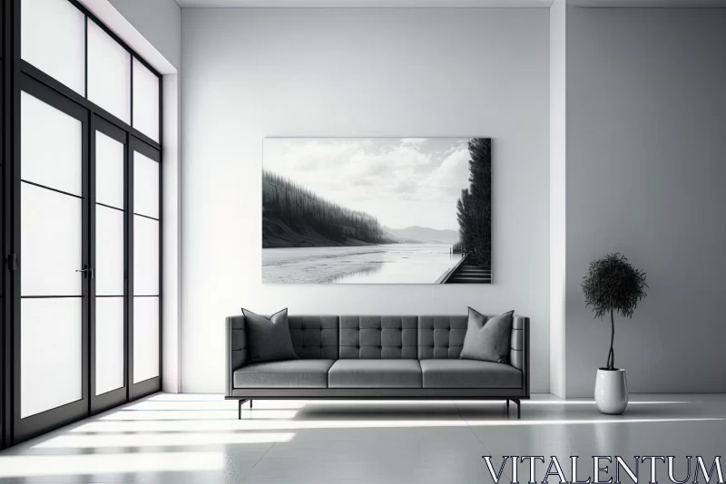 Minimalist Interior with Black Couch and White Paintings AI Image