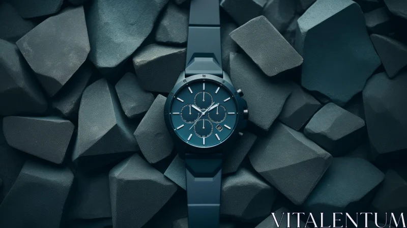 Blue Wristwatch on Dark Blue Rocks - Timepiece with Water Resistance AI Image