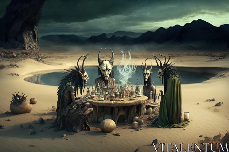 Captivating Fantasy Art: Deities Gathered in a Desert Oasis AI Image