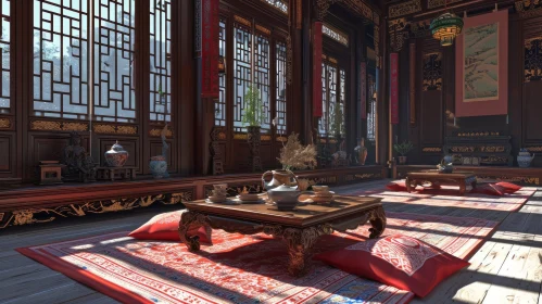 Exquisite Traditional Chinese Living Room with Red and Gold Accents