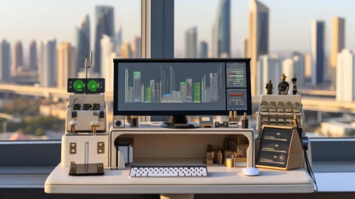 Futuristic 3D Computer Desk in Modern Office Building