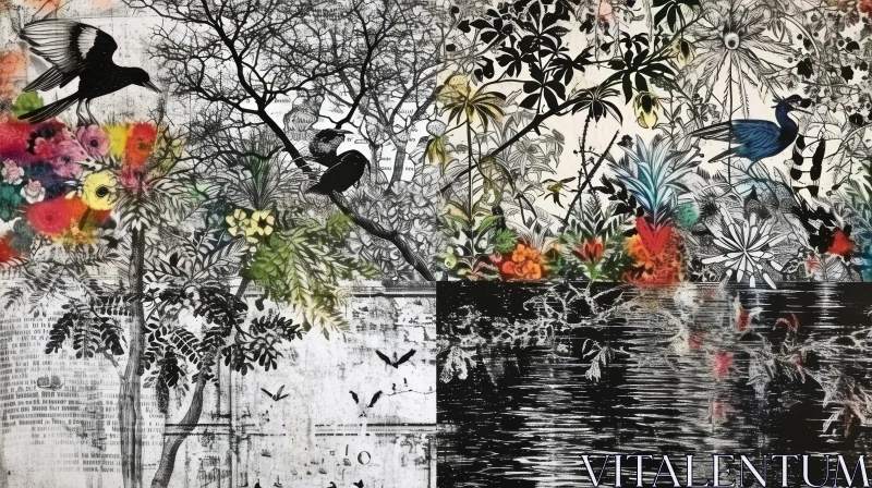 AI ART Peaceful Diptych with Tree and Birds