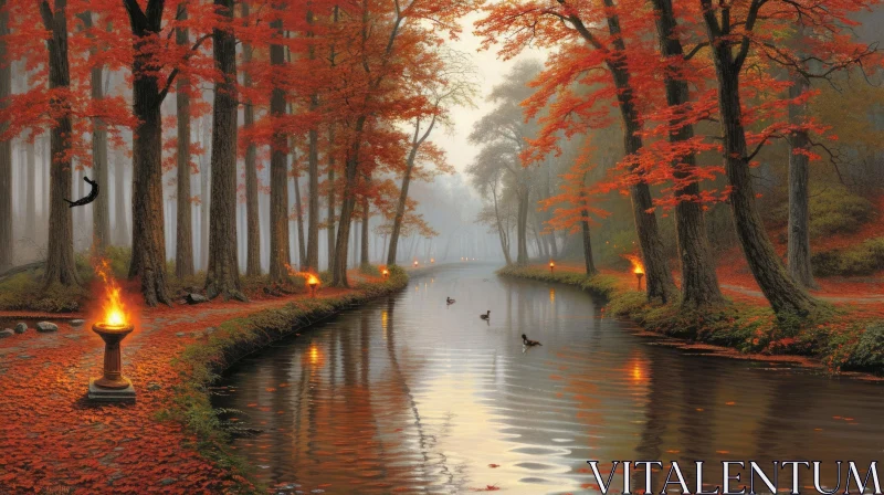 Tranquil Autumn Landscape: Vibrant Trees and Reflective River AI Image