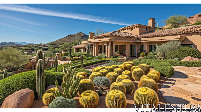 Captivating Desert House Landscape with Cacti and Windows AI Image