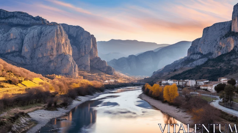 Captivating Sunset over River and Mountains in Spain AI Image