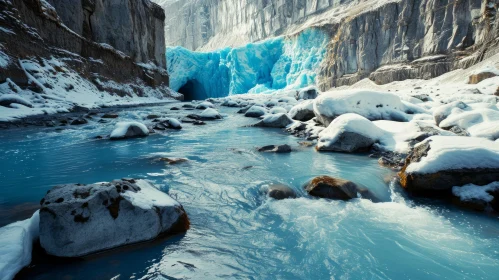 Captivating Winter Landscape: Frozen River, Snow-Covered Rocks, Mountains