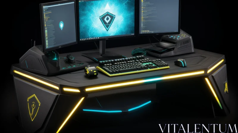Ultimate Gaming Desk Setup with Triple Monitors AI Image