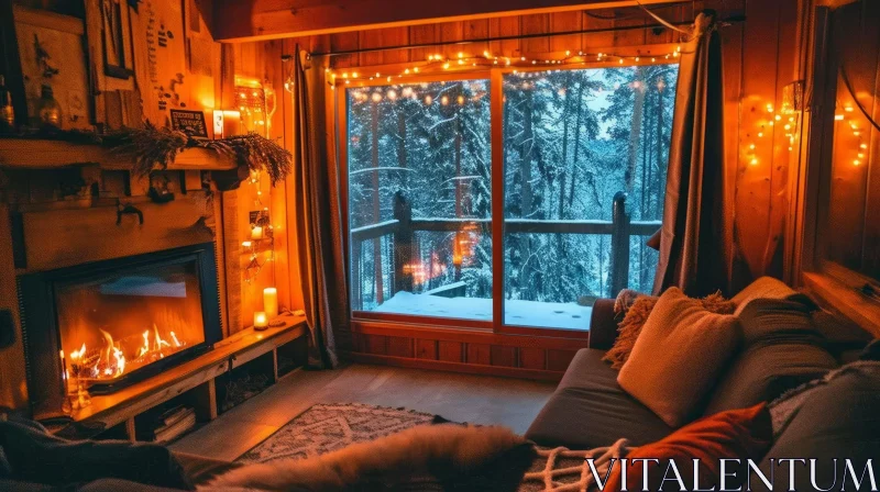 Cozy Living Room with Fireplace and Snowy Forest View AI Image