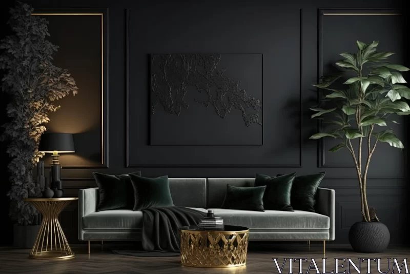 Dark and Moody Living Room with Gold Accents AI Image