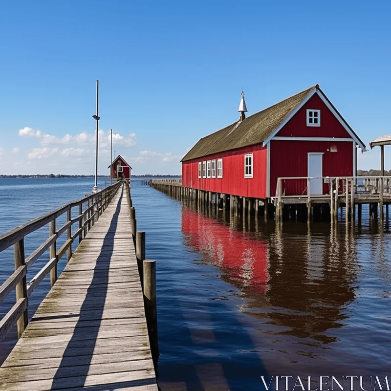 Serene Red Barn on Water with Sun Shining - Dutch Marine Scene AI Image