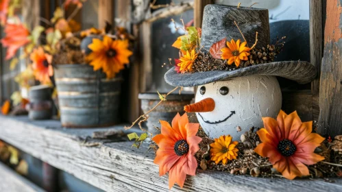 Whimsical Snowman Painting with Pumpkin and Top Hat