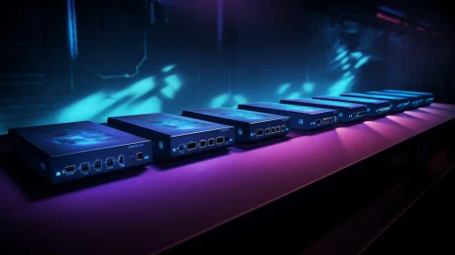 Black Electronic Devices with Blue and Purple Lights