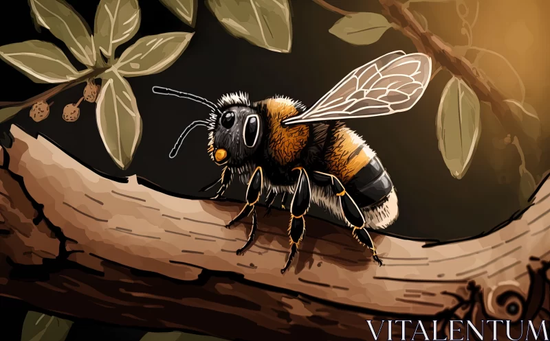 Bumble Bee on Branch - Realistic Speedpainting Illustration AI Image