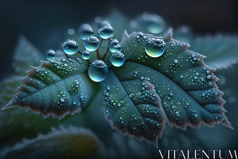 Captivating Blue Leaf with Water Droplets - Realistic Fantasy Artwork AI Image