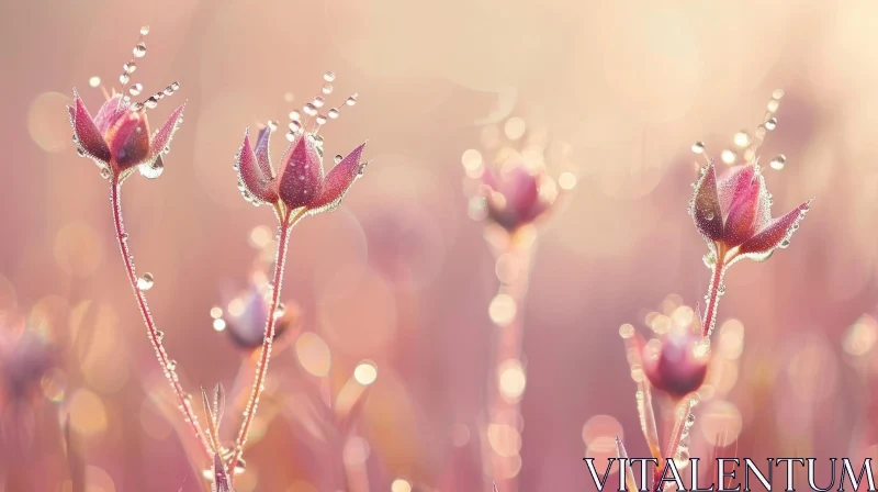 Close-up of Delicate Pink Flowers in Morning Dew AI Image