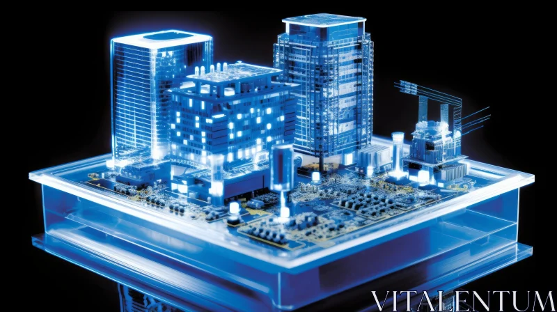 Futuristic Computer Chip Cityscape in Blue and White AI Image