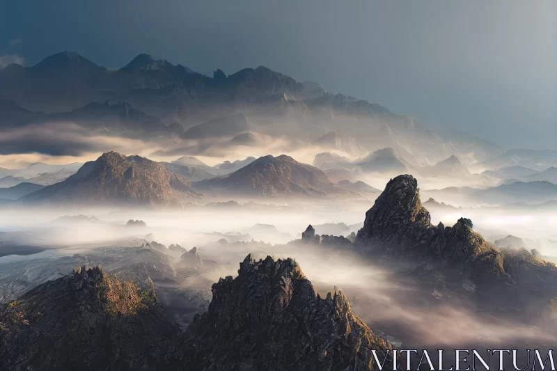 Mist-Covered Mountains: Captivating Indonesian Art-inspired Landscape AI Image