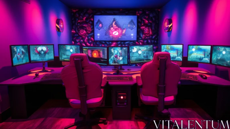 Modern Gaming Room Setup with Computers and Chairs AI Image
