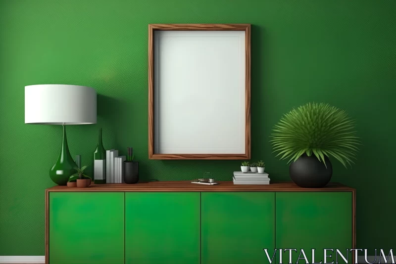 Vibrant Green Bedroom with Empty Frame, Lamp, and Plant - Realistic Hyper-Detail AI Image
