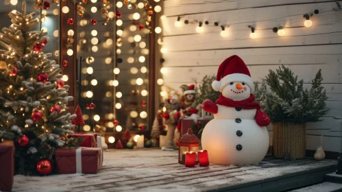 Cozy Christmas Snowman on Wooden Porch Scene