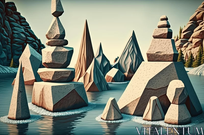 Enigmatic Rock Stacks by the Lake | Surreal 3D Landscape Art AI Image