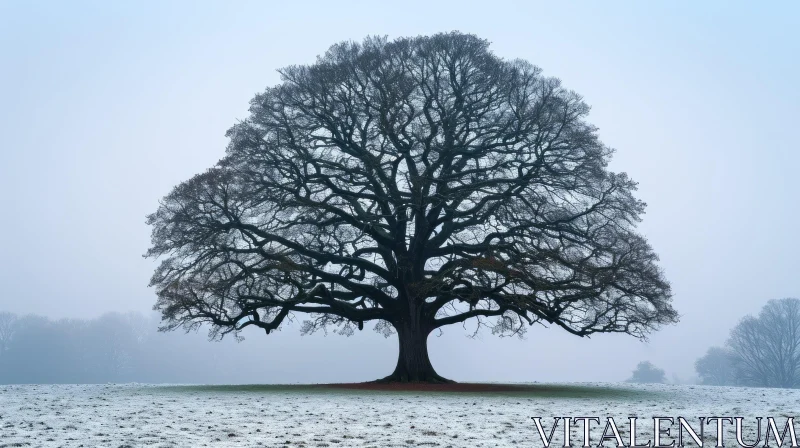 Majestic Oak Tree in a Snowy Field AI Image