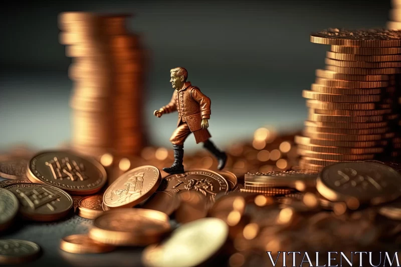 Miniature Man Moving Amidst Money on a Metal Background AI Image