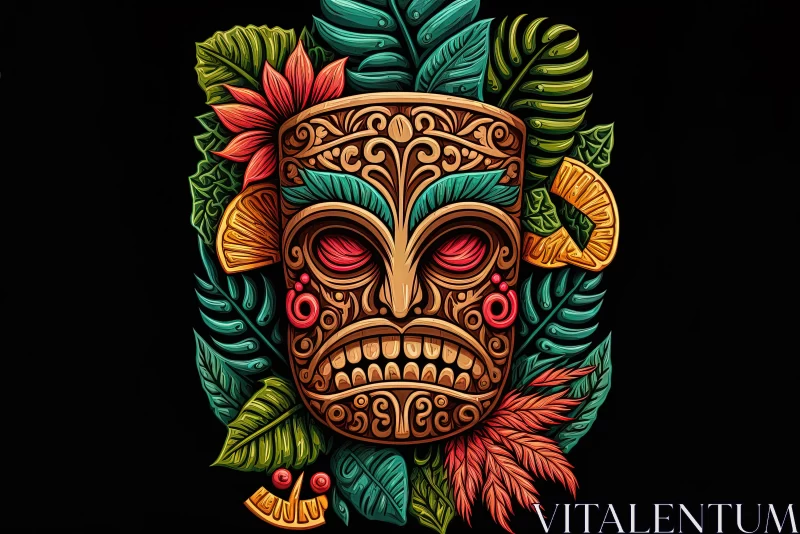 Colorful Cartoon Tiki Mask with Intricate Leaves Designs on Black AI Image