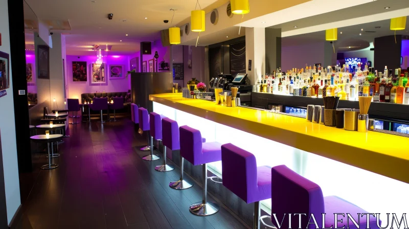 AI ART Contemporary Bar with Yellow Counter and Purple Chairs