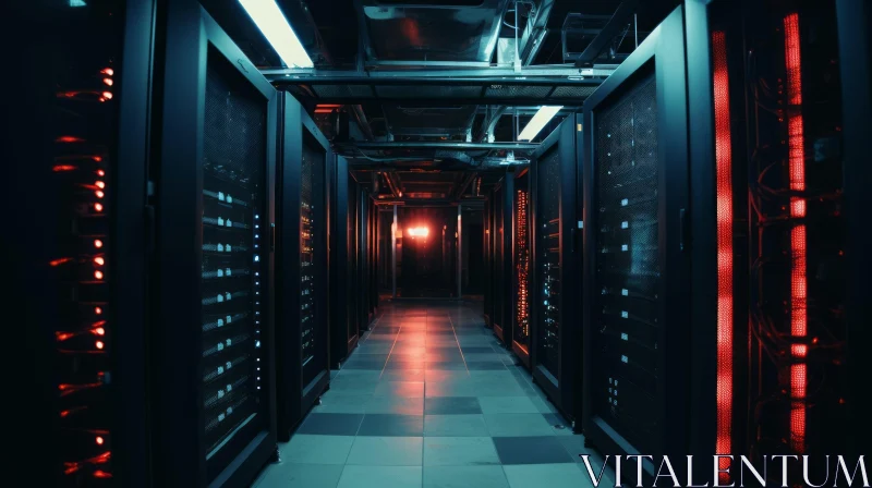 Dark Server Room with Red and Blue Lights AI Image