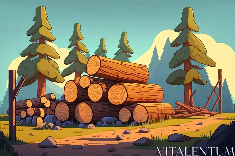 Nature Art: Animated Wood Pile and Trees in Cartoon Realism Style AI Image