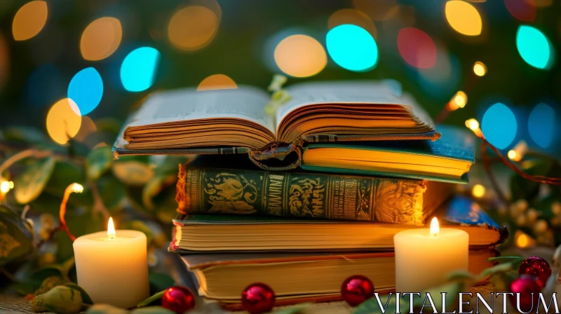 AI ART Nostalgic Christmas Book Stack with Candles and Holly | Art