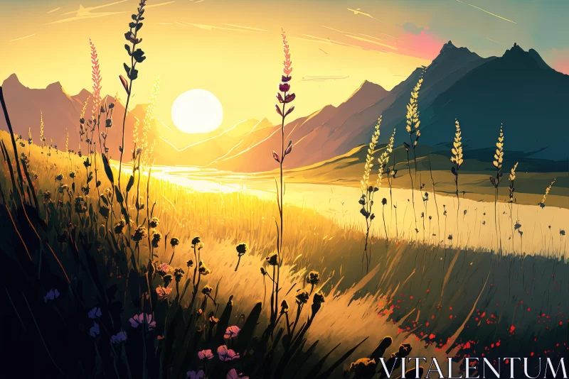 Romanticized Nature Landscape with Flowers | Digital Painting AI Image