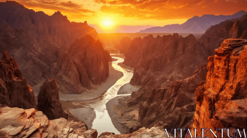 Captivating Sunset over a Serene River in the Desert | Mountainous Vistas and Futurist Claims AI Image