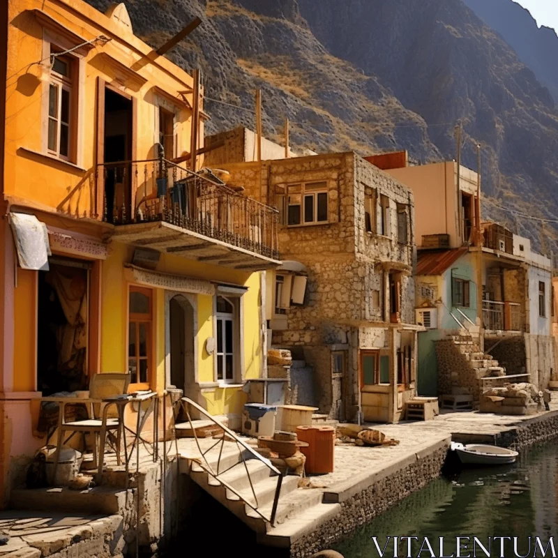 Colorful Houses on a Waterway near Mountains | Mediterranean-Inspired AI Image