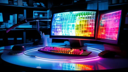 Dark Room Computer Desk Setup with Colorful Monitors