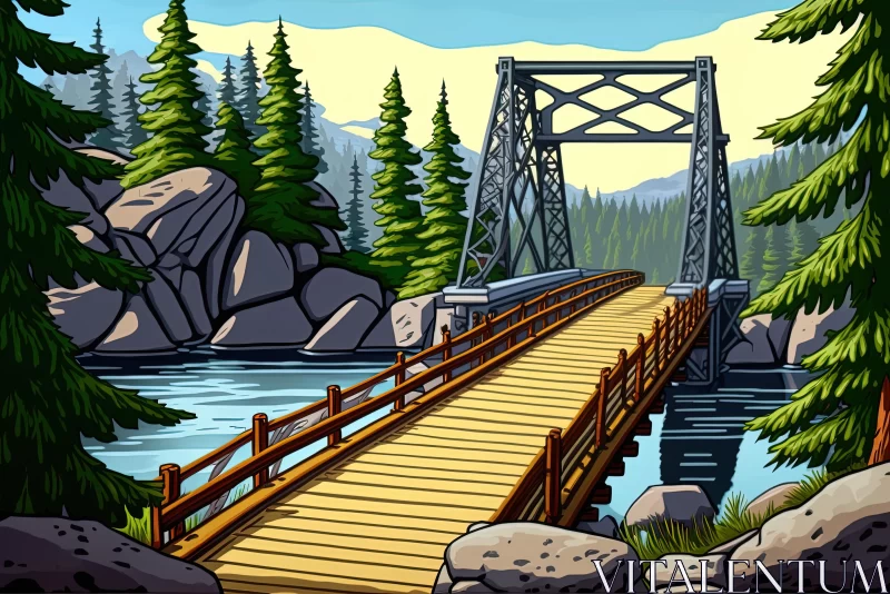 Rail Bridge over River and Mountains: Comic Book Style Art AI Image